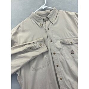 Bugle Boy Company Mens Tan Khaki Long Sleeve Button Down Shirt Crest Logo XL
